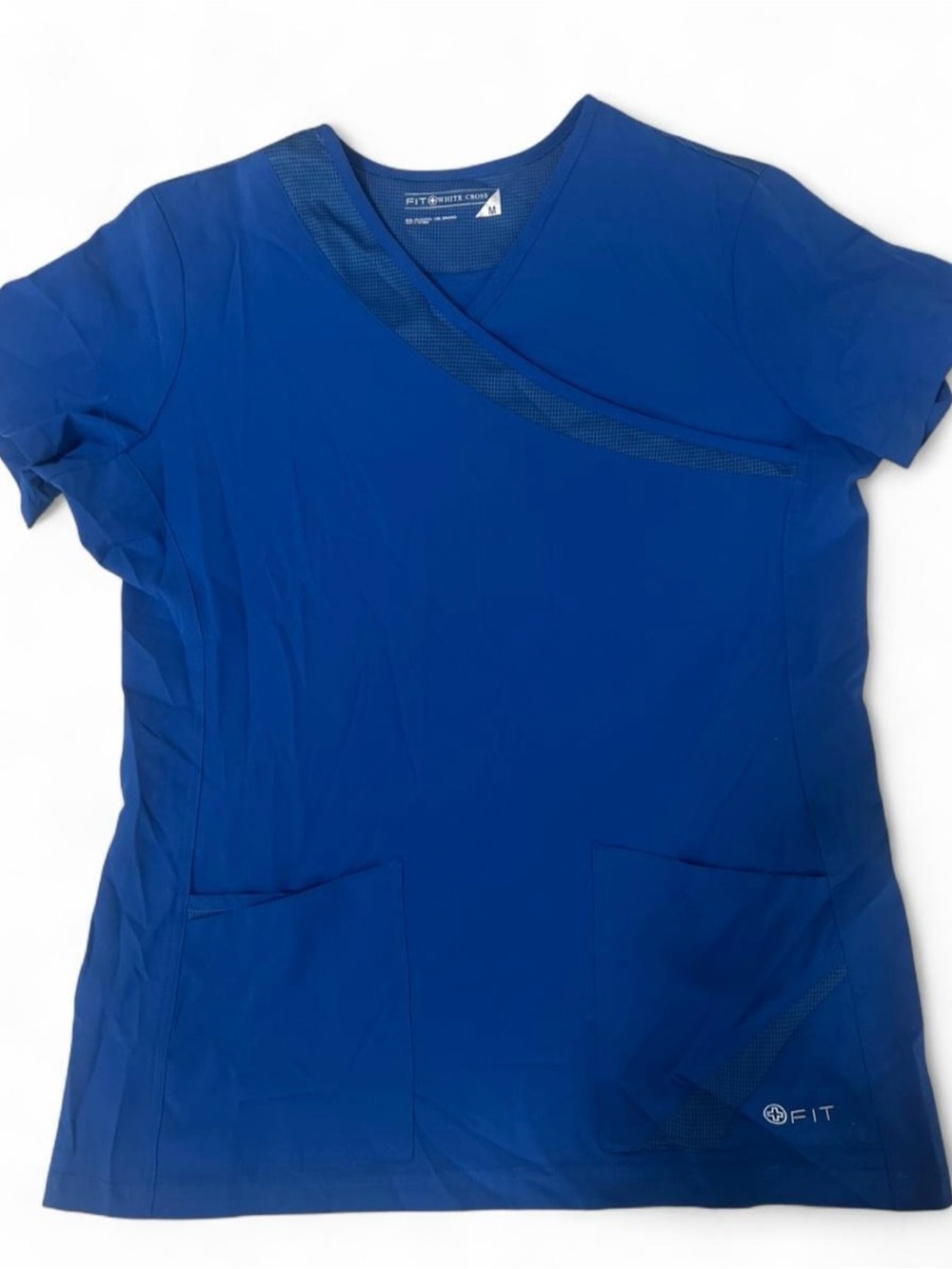 New women’s fit white cross blue scrub top size medium